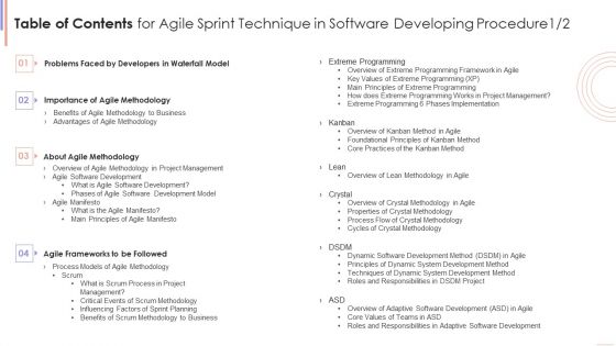Table Of Contents For Agile Sprint Technique In Software Developing Procedure Inspiration PDF
