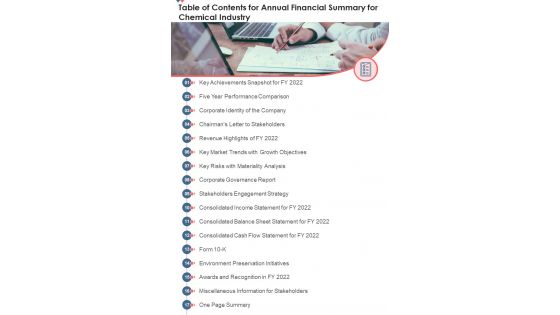 Table Of Contents For Annual Financial Summary For Chemical Industry One Pager Documents