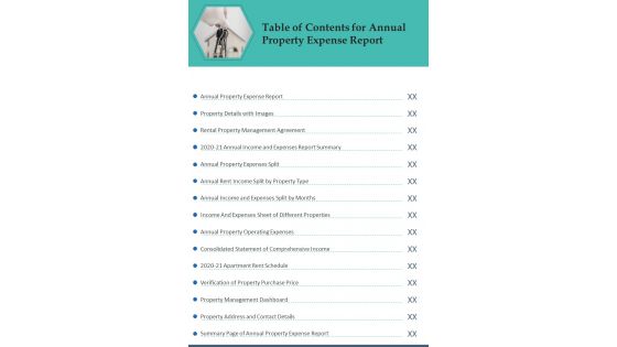 Table Of Contents For Annual Property Expense Report One Pager Documents Table Of Contents For Annual Property Expense Report One Pager Documents