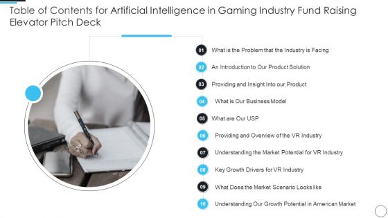 Table Of Contents For Artificial Intelligence In Gaming Industry Fund Raising Elevator Pitch Deck Business Elements PDF
