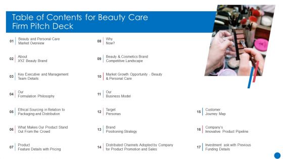 Table Of Contents For Beauty Care Firm Pitch Deck Ppt Professional Topics PDF Table Of Contents For Beauty Care Firm Pitch Deck Ppt Professional Topics PDF