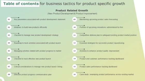 Table Of Contents For Business Tactics For Product Specific Growth Clipart PDF