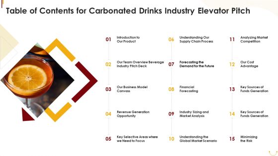 Table Of Contents For Carbonated Drinks Industry Elevator Pitch Ppt PowerPoint Presentation File Maker PDF