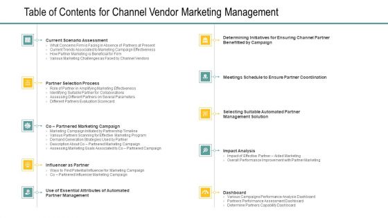 Table Of Contents For Channel Vendor Marketing Management Slides PDF Table Of Contents For Channel Vendor Marketing Management Slides PDF