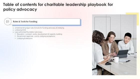 Table Of Contents For Charitable Leadership Playbook For Policy Advocacy Portrait PDF