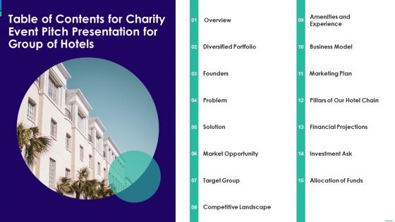 Table Of Contents For Charity Event Pitch Presentation For Group Of Hotels Pictures PDF