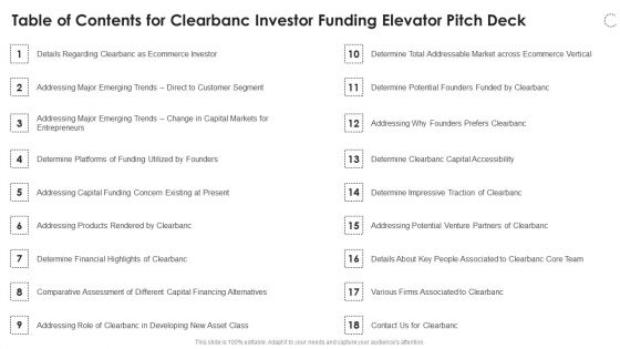 Table Of Contents For Clearbanc Investor Funding Elevator Pitch Deck Graphics PDF