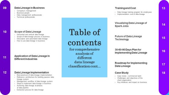 Table Of Contents For Comprehensive Analysis Of Different Data Lineage Classification Elements PDF