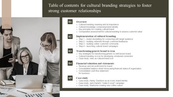 Table Of Contents For Cultural Branding Strategies To Foster Strong Customer Relationships Brochure PDF