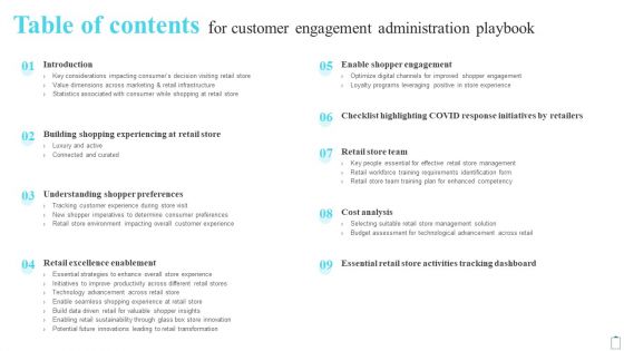 Table Of Contents For Customer Engagement Administration Playbook Download PDF