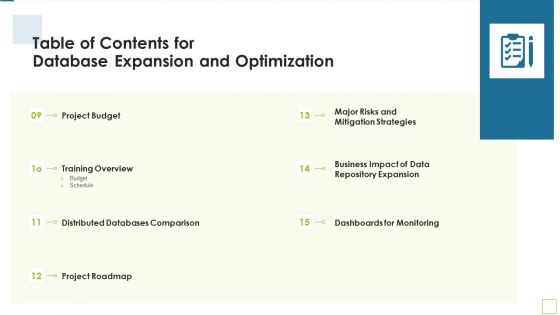Table Of Contents For Database Expansion And Optimization Budget Ppt Infographics Tips