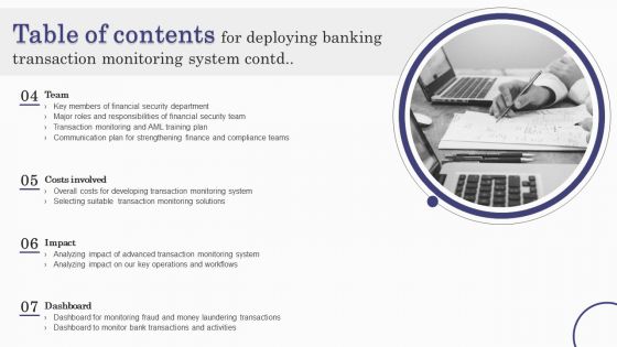 Table Of Contents For Deploying Banking Transaction Monitoring System Inspiration PDF