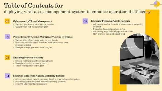 Table Of Contents For Deploying Vital Asset Management System To Enhance Operational Efficiency Icons PDF