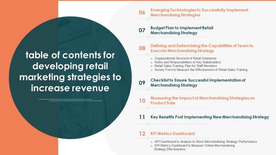 Table Of Contents For Developing Retail Marketing Strategies To Increase Revenue Mockup PDF