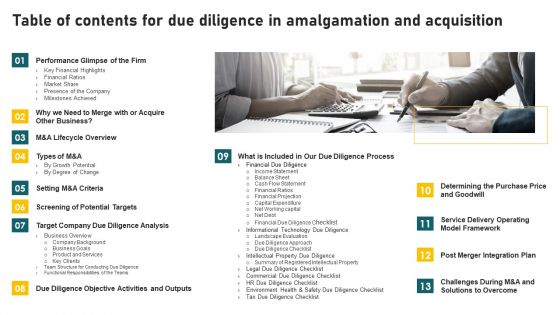 Table Of Contents For Due Diligence In Amalgamation And Acquisition Formats PDF