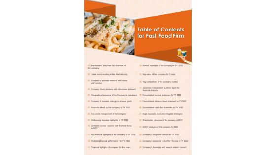 Table Of Contents For Fast Food Firm PDF Document PPT Template