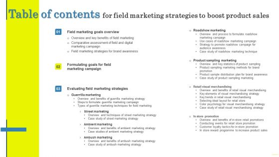 Table Of Contents For Field Marketing Strategies To Boost Product Sales Download PDF