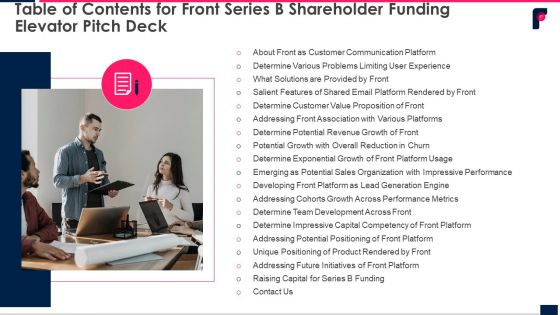 Table Of Contents For Front Series B Shareholder Funding Elevator Pitch Deck Ppt Examples PDF