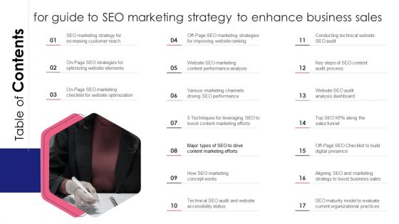 Table Of Contents For Guide To SEO Marketing Strategy To Enhance Download PDF