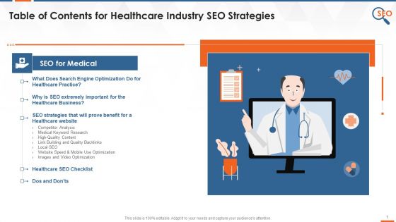 Table Of Contents For Healthcare Industry SEO Strategies Training Ppt