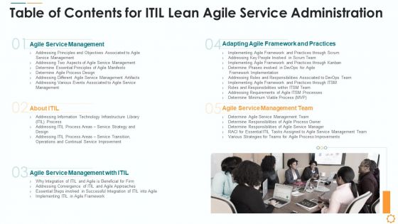 Table Of Contents For ITIL Lean Agile Service Administration Clipart PDF