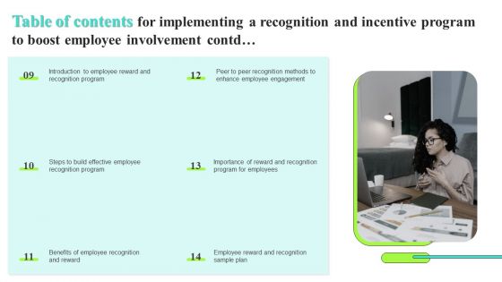 Table Of Contents For Implementing A Recognition And Incentive Program To Boost Employee Involvement Demonstration PDF
