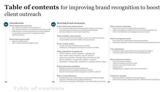 Table Of Contents For Improving Brand Recognition To Boost Client Outreach Graphics PDF Table Of Contents For Improving Brand Recognition To Boost Client Outreach Graphics PDF