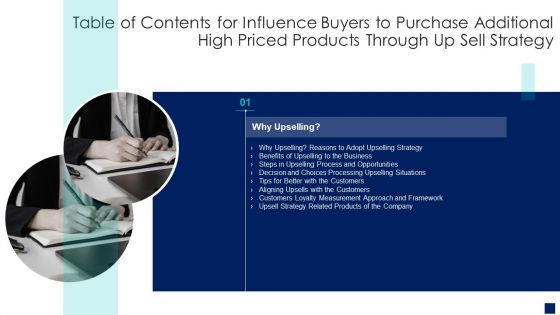 Table Of Contents For Influence Buyers To Purchase Additional High Priced Products Through Up Sell Strategy Slide Elements PDF