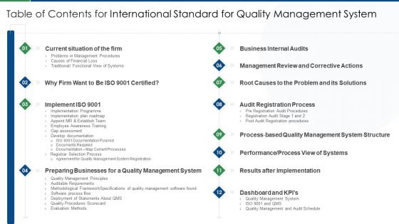 Table Of Contents For International Standard For Quality Management System Portrait PDF