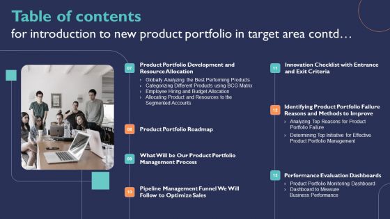 Table Of Contents For Introduction To New Product Portfolio In Target Area Ppt File Sample PDF