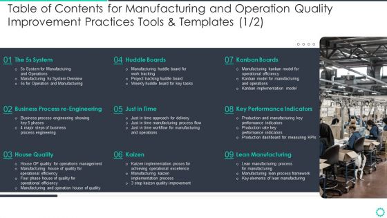 Table Of Contents For Manufacturing And Operation Quality Improvement Practices Tools And Templates Business Slides PDF