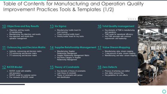 Table Of Contents For Manufacturing And Operation Quality Improvement Practices Tools And Templates Results Infographics PDF