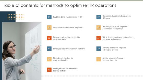 Table Of Contents For Methods To Optimize HR Operations Demonstration PDF