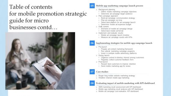 Table Of Contents For Mobile Promotion Strategic Guide For Micro Businesses Themes PDF
