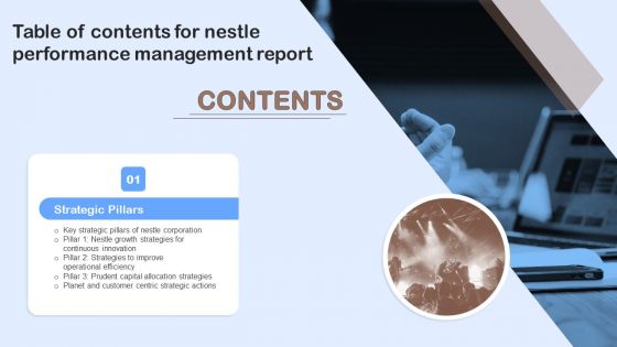 Table Of Contents For Nestle Performance Management Report Ppt Portfolio Information PDF