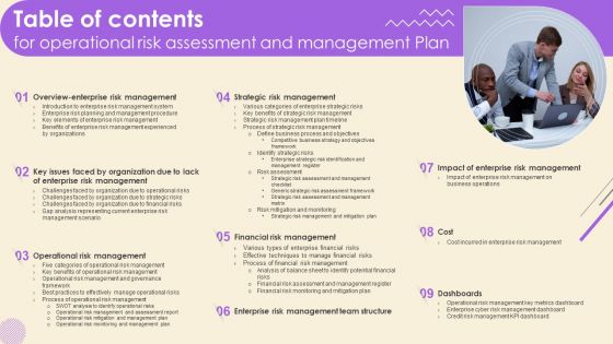 Table Of Contents For Operational Risk Assessment And Management Plan Pictures PDF
