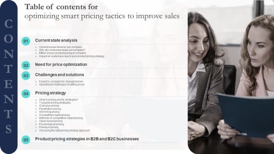 Table Of Contents For Optimizing Smart Pricing Tactics To Improve Sales Guidelines PDF