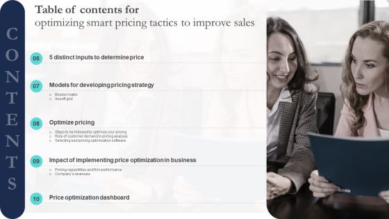 Table Of Contents For Optimizing Smart Pricing Tactics To Improve Sales Guidelines PDF