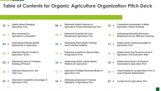 Table Of Contents For Organic Agriculture Organization Pitch Deck Background PDF
