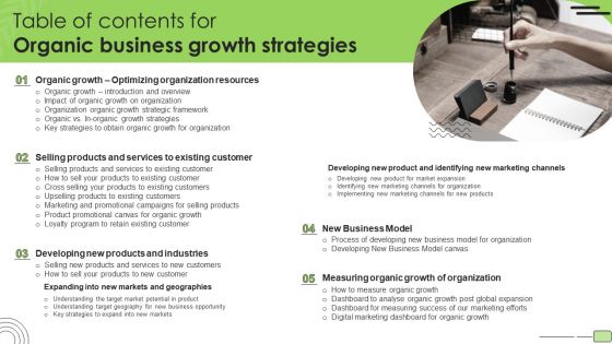 Table Of Contents For Organic Business Growth Strategies Template PDF Table Of Contents For Organic Business Growth Strategies Template PDF
