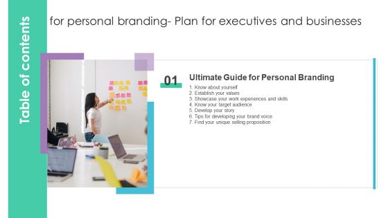 Table Of Contents For Personal Branding Plan For Executives And Businesses Designs PDF