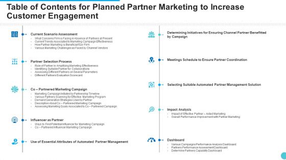 Table Of Contents For Planned Partner Marketing To Increase Customer Engagement Pictures PDF