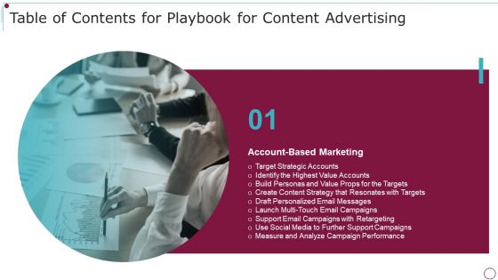 Table Of Contents For Playbook For Content Advertising Marketing Template PDF