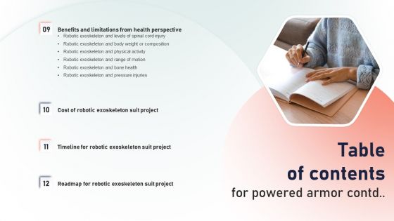 Table Of Contents For Powered Armor Ppt Infographics Topics PDF