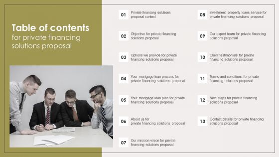 Table Of Contents For Private Financing Solutions Proposal Ideas PDF