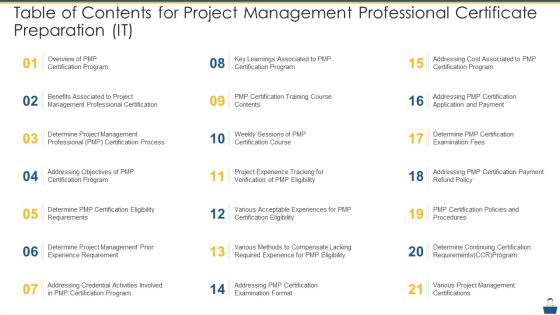 Table Of Contents For Project Management Professional Certificate Preparation IT Summary PDF