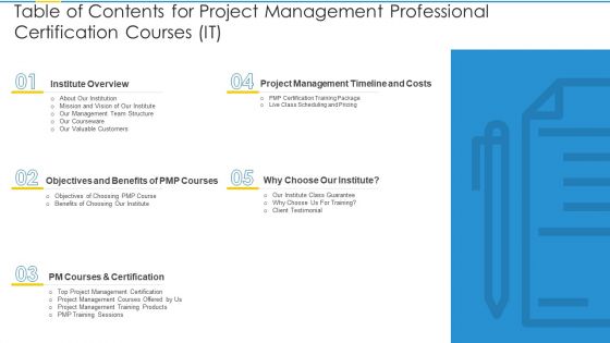 Table Of Contents For Project Management Professional Certification Courses IT Slides PDF