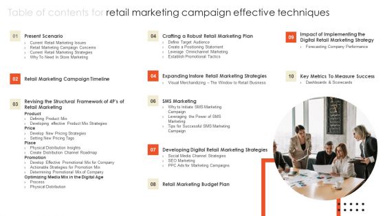 Table Of Contents For Retail Marketing Campaign Effective Techniques Introduction PDF Table Of Contents For Retail Marketing Campaign Effective Techniques Introduction PDF