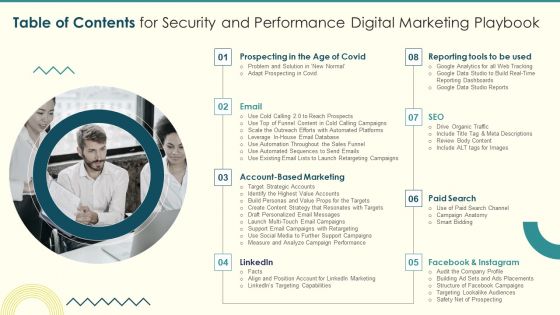 Table Of Contents For Security And Performance Digital Marketing Playbook Rules PDF