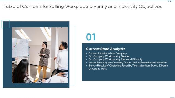 Table Of Contents For Setting Workplace Diversity And Inclusivity Objectives Topics PDF